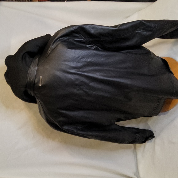 Unisex Michael Kors black soft faux leather 2fer bomber hoodie jacket L - Picture 3 of 5